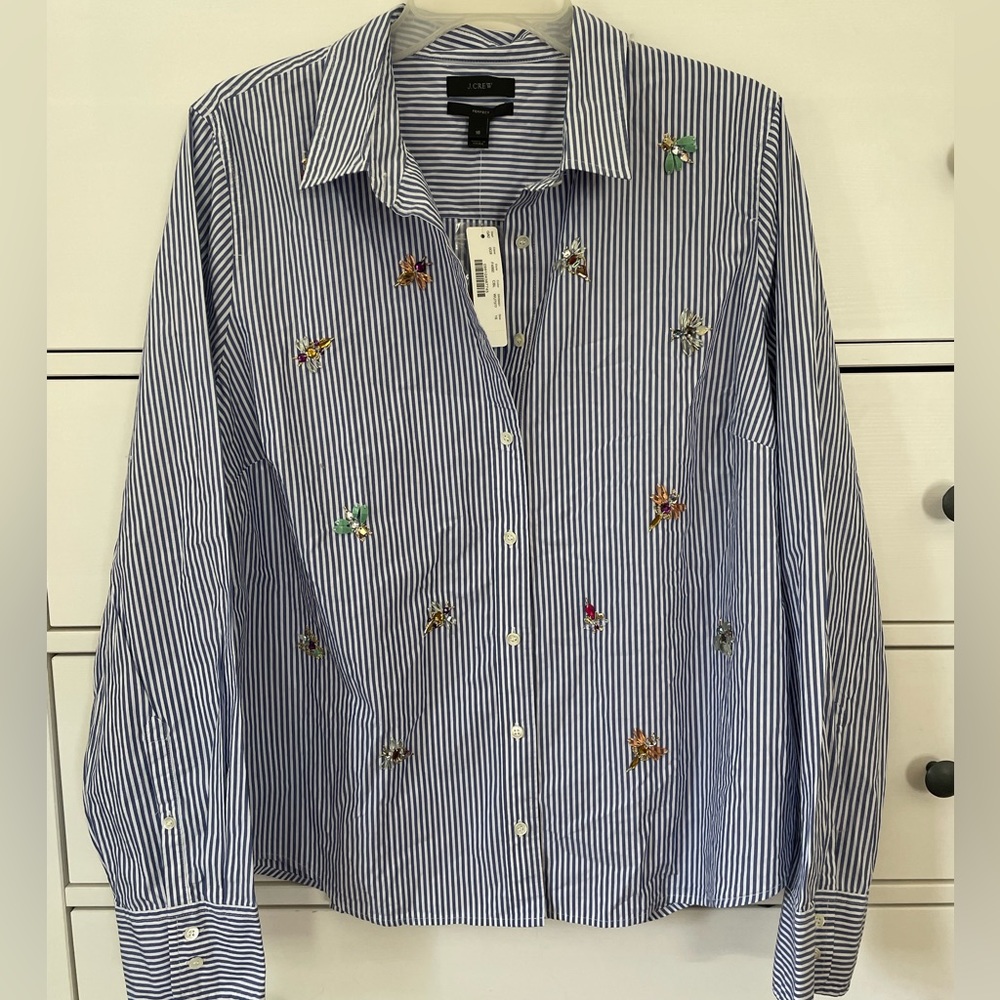 J. Crew Perfect Striped Poplin Shirt with Jewel Embellishments